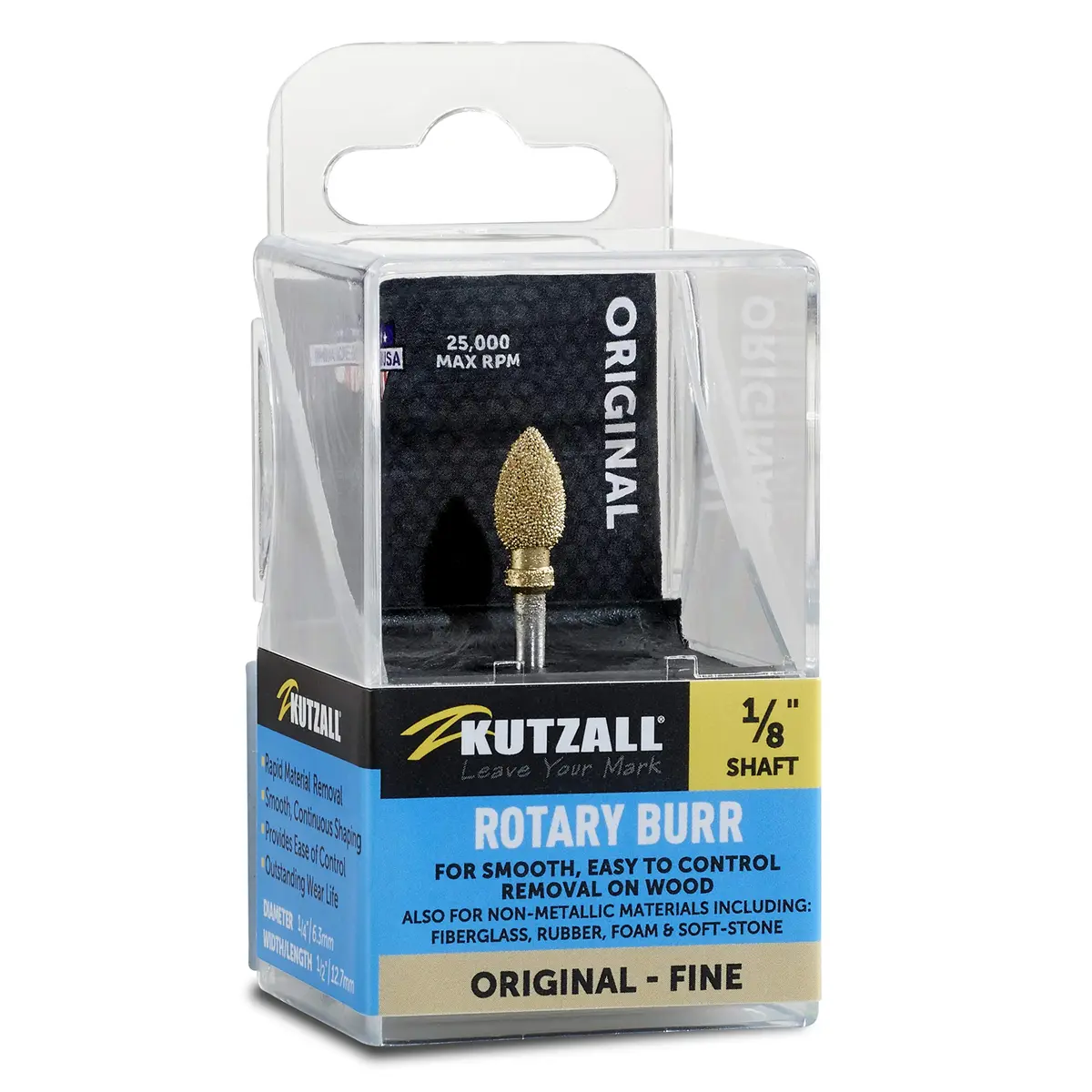 Kutzall Original Flame Rotary Burr 1⁄8" Shaft Fine Wood Carving Bit for Dremel, Foredom, DeWalt, Milwaukee | Tungsten Carbide Abrasive - main product image