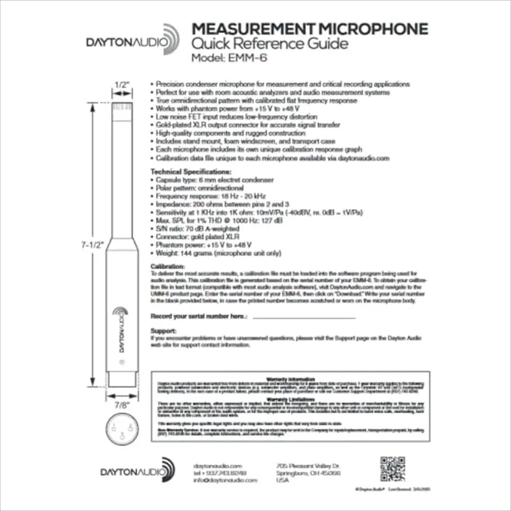 Dayton Audio EMM-6 Omnidirectional Condenser Microphone 17.5 cm (6.89 in) | Precision Measurement Mic with Calibration Data - view 3