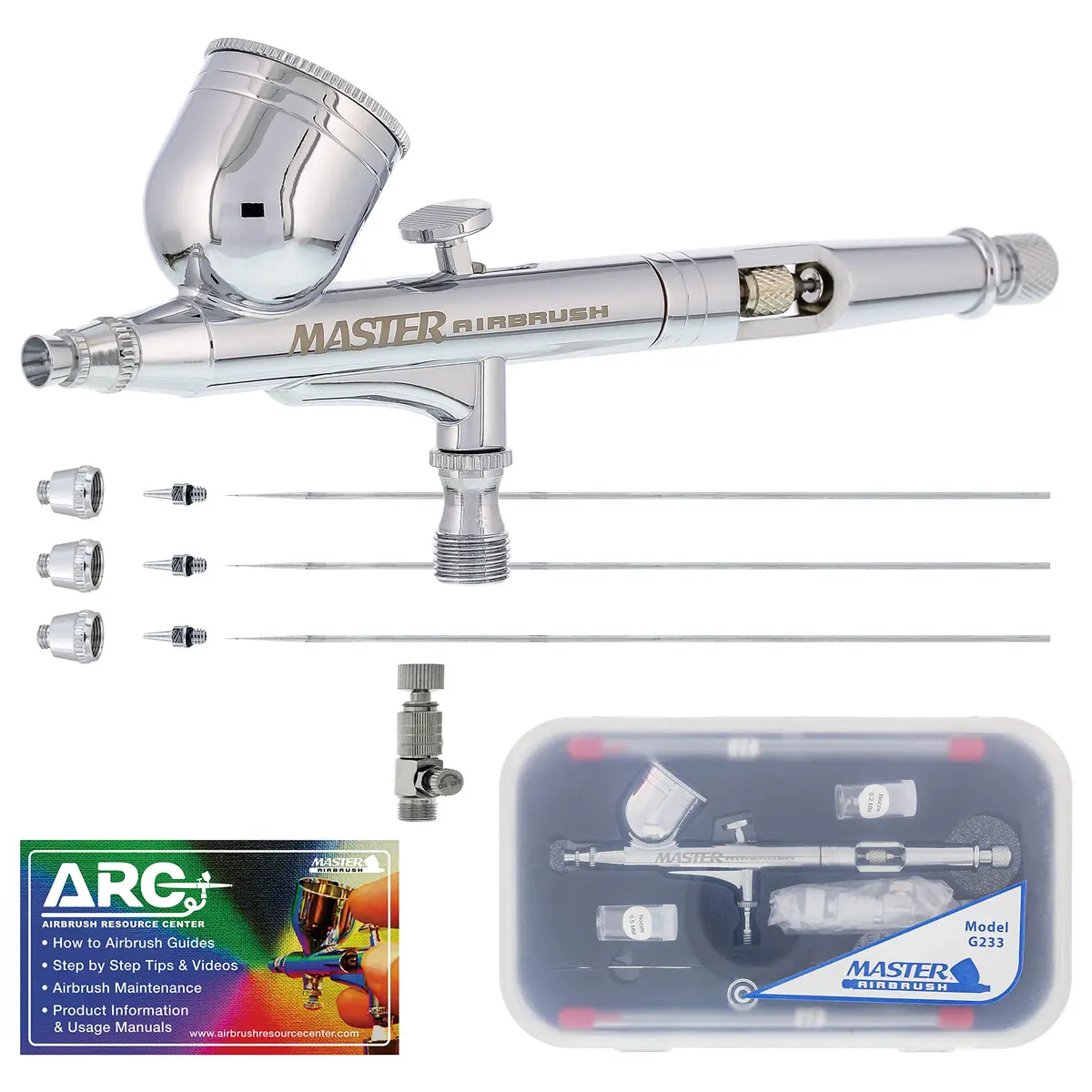 Master Airbrush G233 Performance Pro Airbrush Kit with 3 Nozzle Sets | Dual-Action Gravity Feed for Fine Detail & Broad Spray - main product image