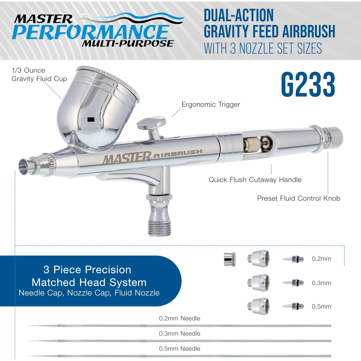 Master Airbrush G233 Performance Pro Airbrush Kit with 3 Nozzle Sets | Dual-Action Gravity Feed for Fine Detail & Broad Spray - view 2