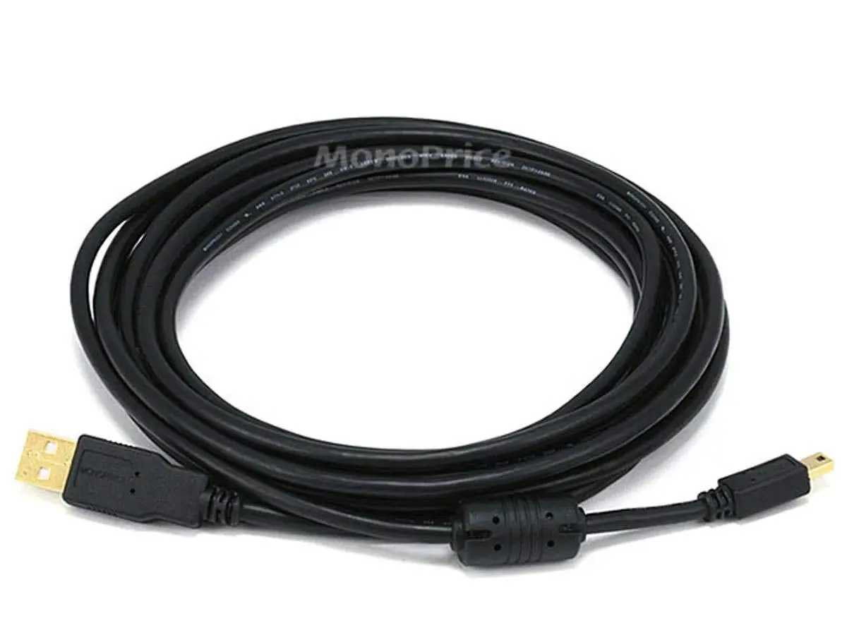 Monoprice 15-Feet USB 2.0 A Male to Mini-B 5pin Male Cable with Ferrite Core (Gold Plated) (105450) | Fully Shielded & Gold Plated Connectors - main product image
