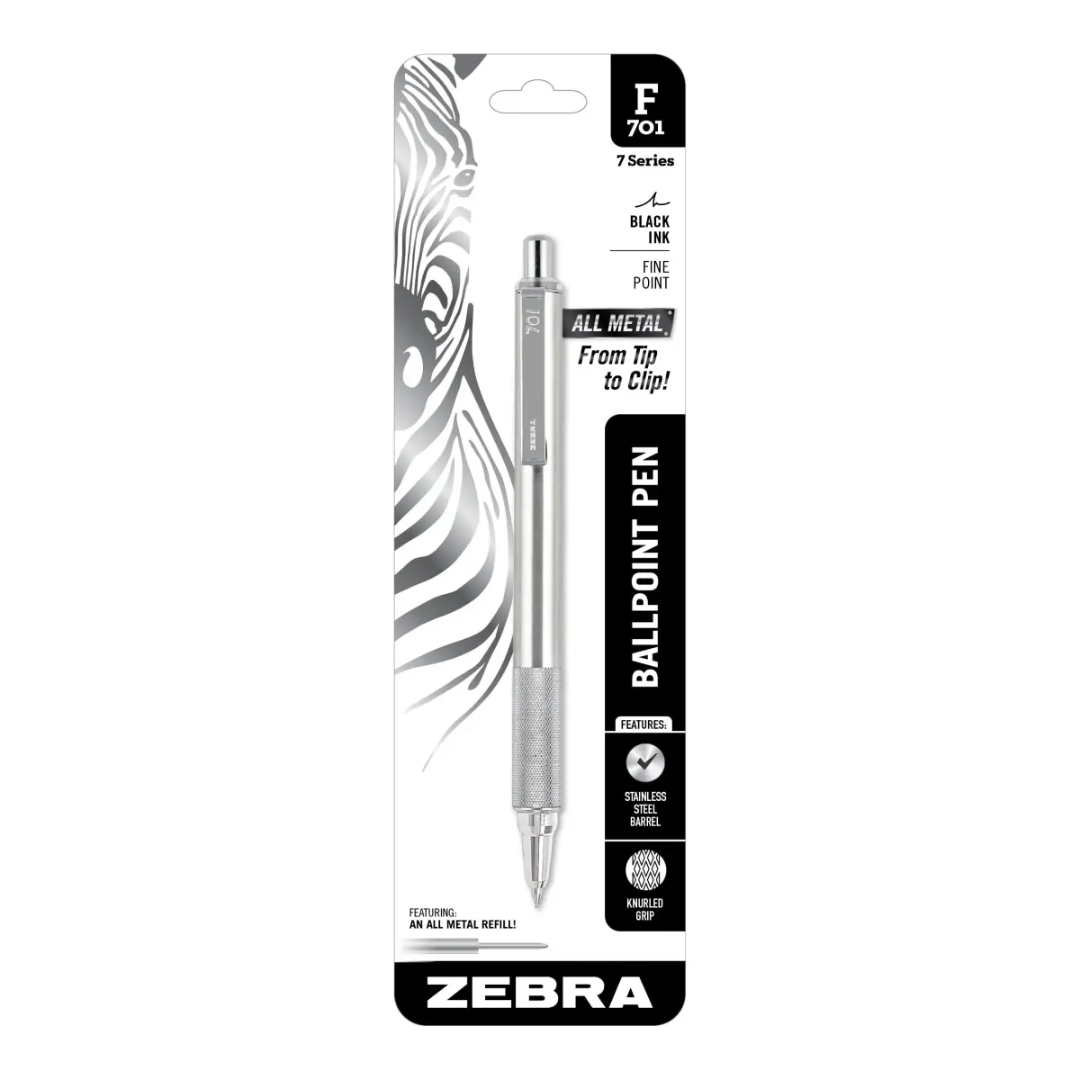 Zebra Pen STEEL F-701 Retractable Ballpoint Pen, Black Ink, 0.8mm, 1-Pack | Smooth Writing Metal Pen - main product image