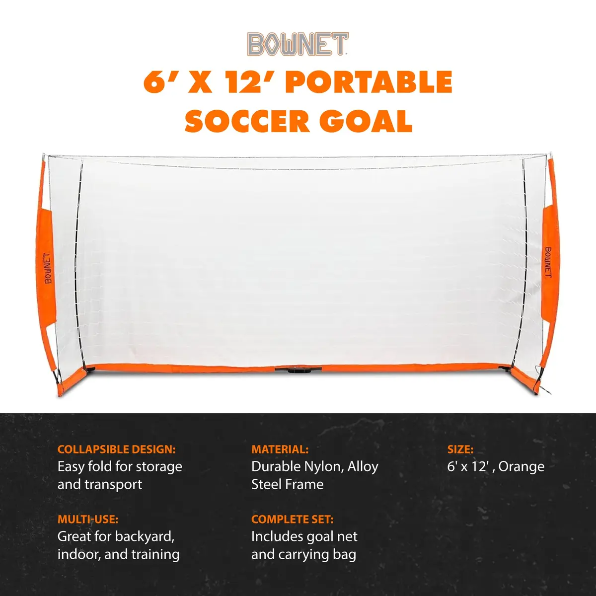 Bownet Folding Soccer Goal, Pop-Up Net with Carry Bag - 6'H x 12'W | Portable, Durable Steel Frame for Indoor & Outdoor Play - view 3