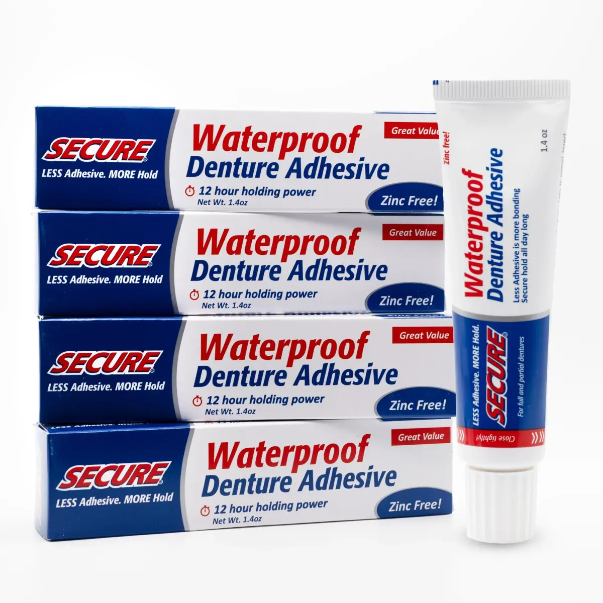 Secure Denture Adhesive Cream 1.4 Oz (5.6 Oz Total) | Waterproof Seal, Zinc-Free, Food Grade - main product image