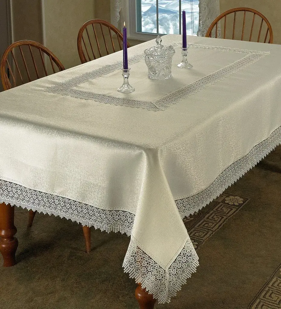 Violet Linen Treasure Lace Tablecloth Ivory 70" x 88" (178cm x 224cm) | Elegant Lace Border for Dining Tables - main product image