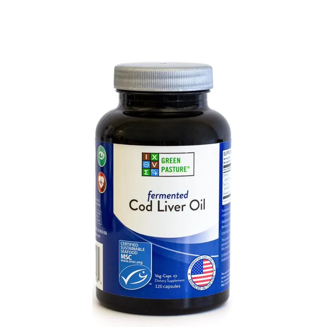 Green Pasture Fermented Cod Liver Oil Capsules - Wild Alaska Cod, Vitamins A & D, Omega-3, Non-Gelatin 120 Count | Traditional Nutrition - main product image