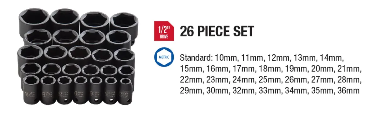 Sunex 2645 1/2 Inch Drive Impact Socket Set 26-Piece, Metric, 10mm-36mm | Heavy Duty Alloy Steel for Automotive - view 7