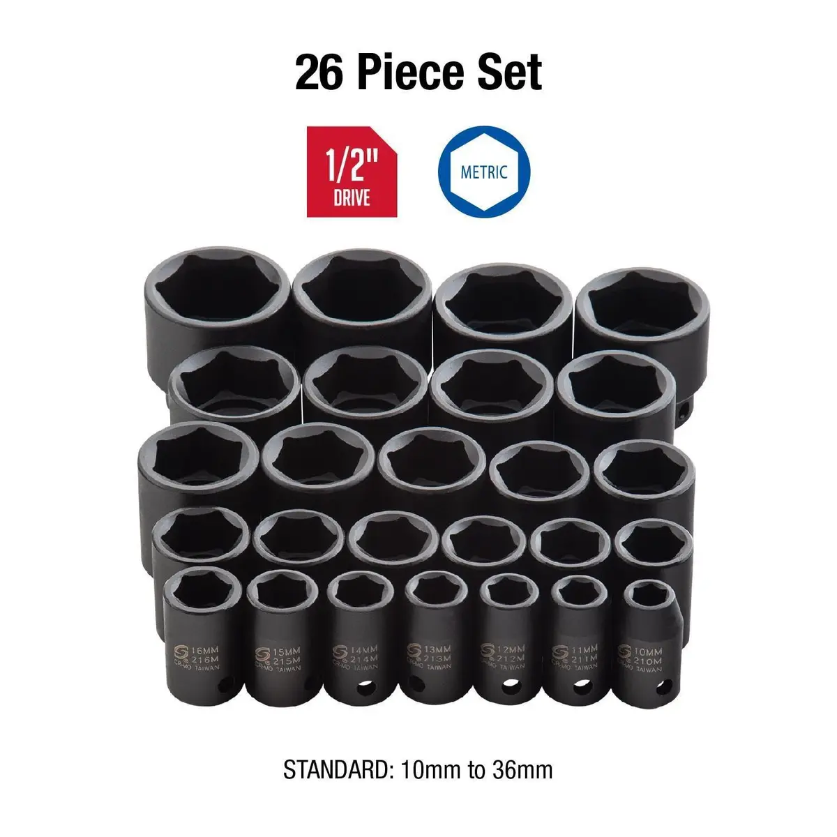 Sunex 2645 1/2 Inch Drive Impact Socket Set 26-Piece, Metric, 10mm-36mm | Heavy Duty Alloy Steel for Automotive - view 2
