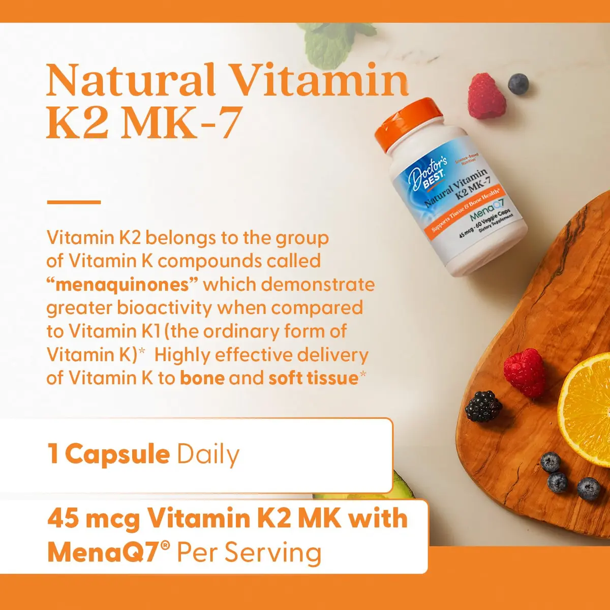 Doctor's Best Natural Vitamin K2 MK7 Supplement for Men & Women - Bone Health Support, 45 mcg Vitamin K-2 MK-7 Capsules with MenaQ7, Calcium Support, Non GMO, Vegan - 60 Veg Caps | Supports Bone & Soft Tissue - view 4