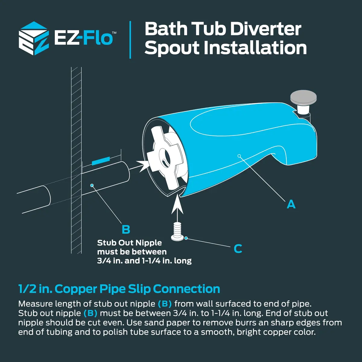 EZ-FLO Adjustable Diverter Spout 14.6 cm (5.75 inch) Chrome | Wall Mount Tub Faucet with Diverter - view 6