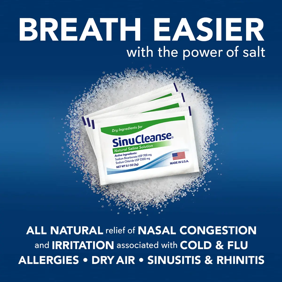 SinuCleanse 100 Pre-Mixed Saline Packets for Sinus Rinse Systems | All-Natural, Pharmaceutical Grade & PH Balanced Saline Packets for Neti Pots & Nasal Wash Systems, Made in USA - view 2