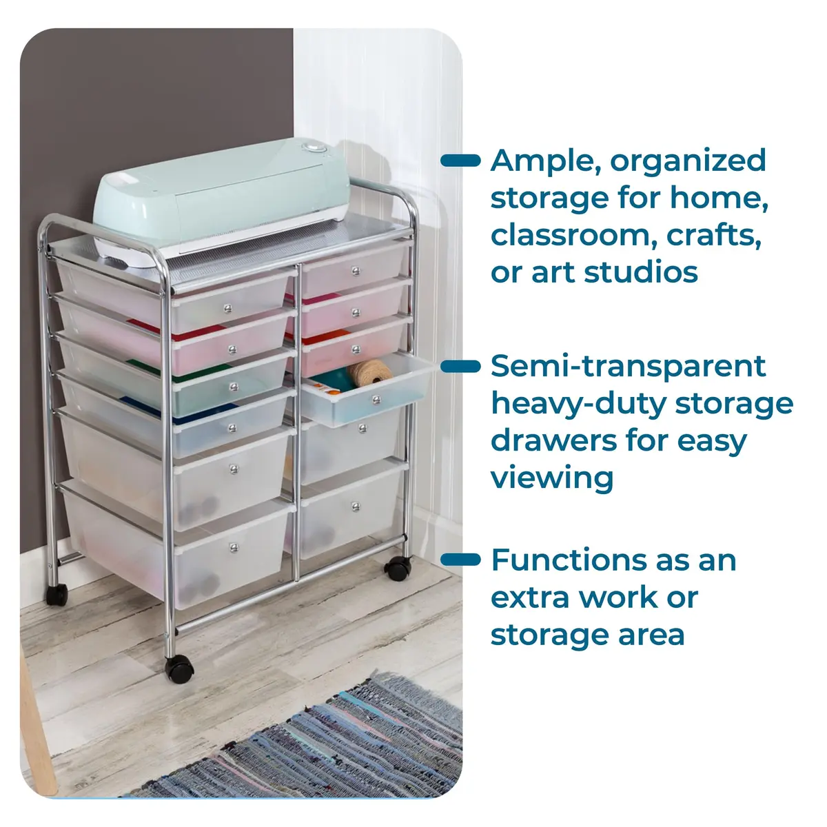 Honey-Can-Do 12-Drawer Rolling Cart 66cm (26in) | Mobile Organizer for Crafts & Office - view 6
