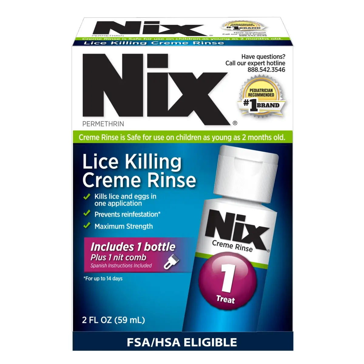 Nix Lice Treatment Kit Permethrin Crème Rinse & Lice Comb 2 Fl Oz (59 ml) | Pediatrician-Recommended Lice Removal - main product image