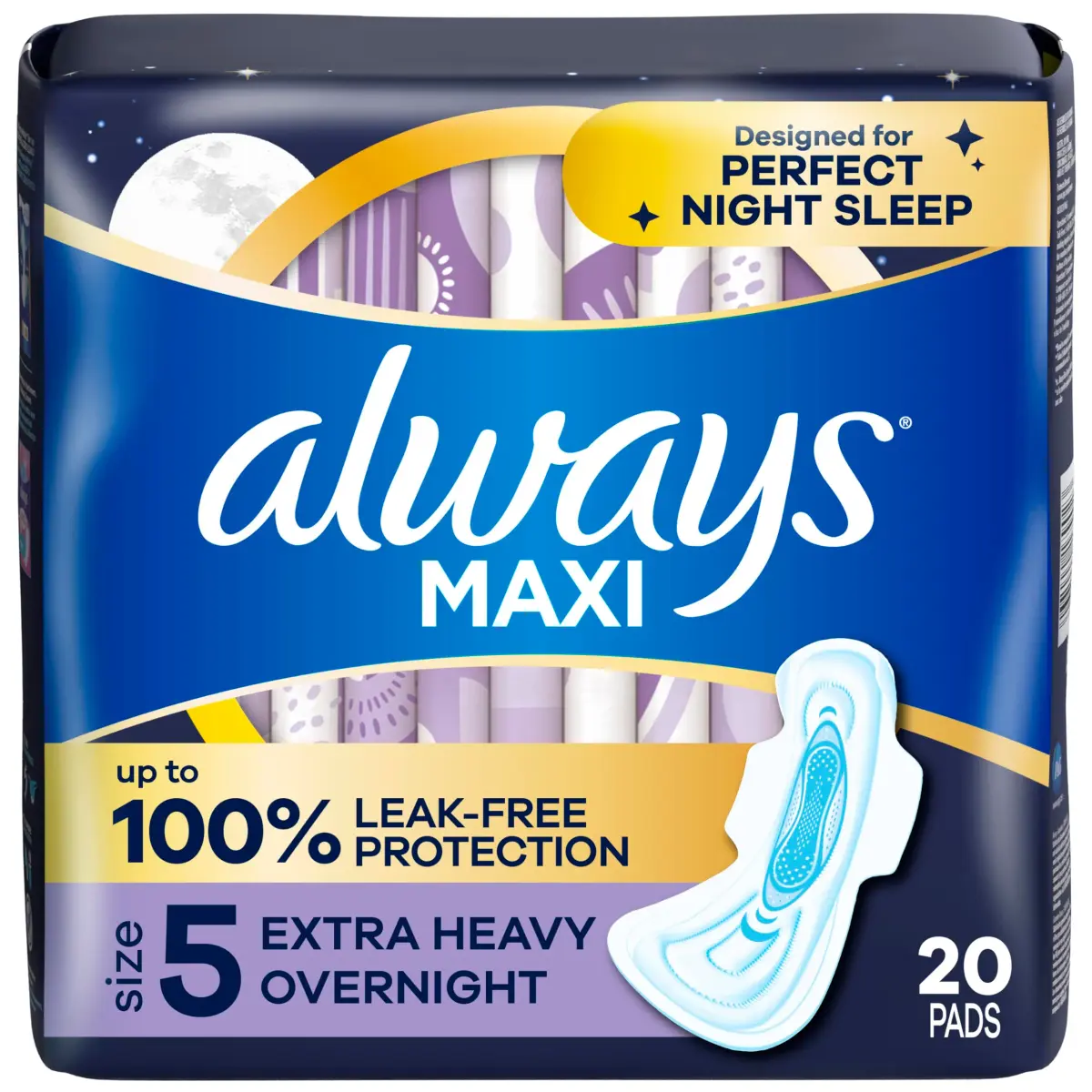 Always Maxi Feminine Pads Size 5 Extra Heavy Overnight With Wings Unscented 20 Count | 100% Leak Free Comfort - main product image