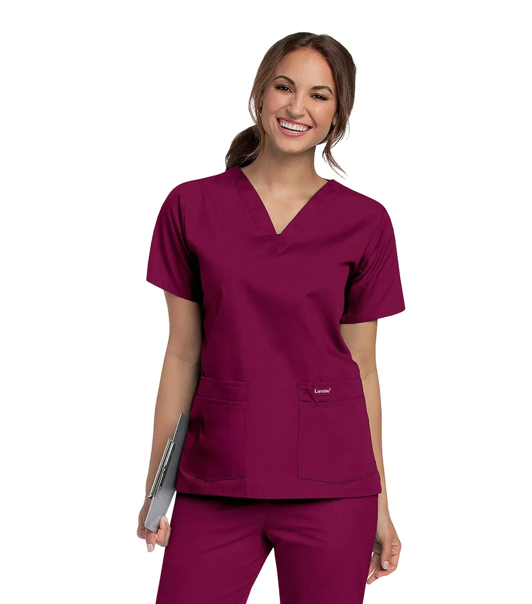 Landau Essentials Relaxed Fit 4-Pocket V-Neck Scrub Top for Women 8219 Wine | Comfortable, Durable Medical Uniform - main product image