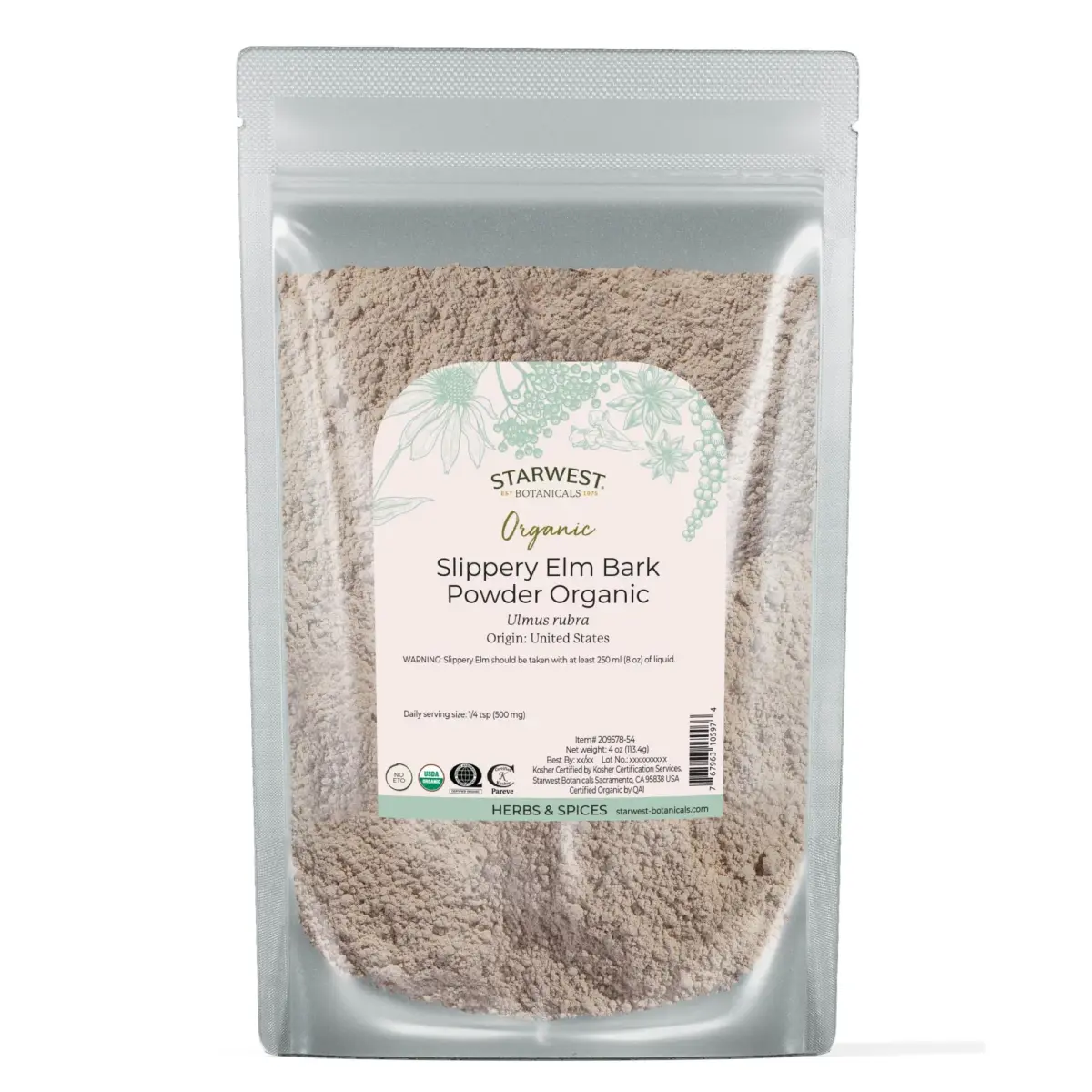 Starwest Botanicals Organic Slippery Elm Bark Powder 113g (4 oz) | USDA Organic, Non-GMO, Kosher Certified - main product image
