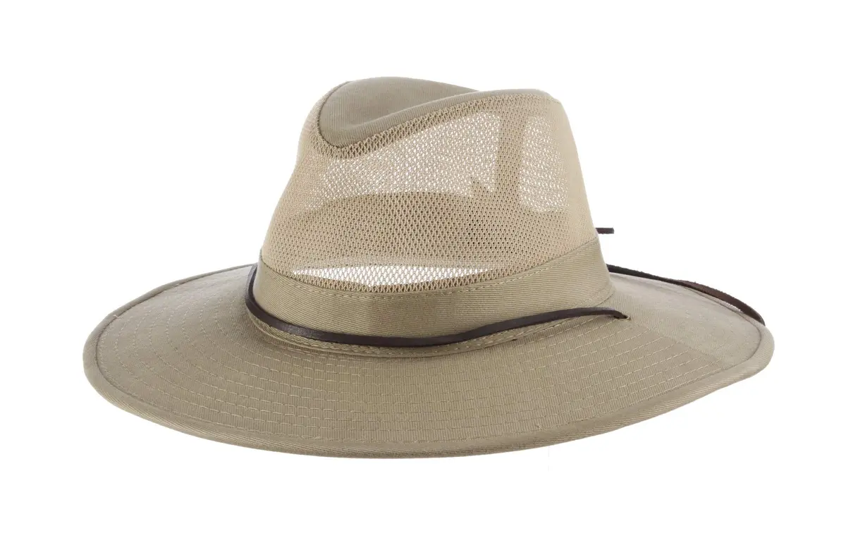 Dorfman Pacific Men's Brushed Twill-and-Mesh Safari Hat with Genuine Leather Trim Khaki | Wide Brim Sun Hat for Men - main product image