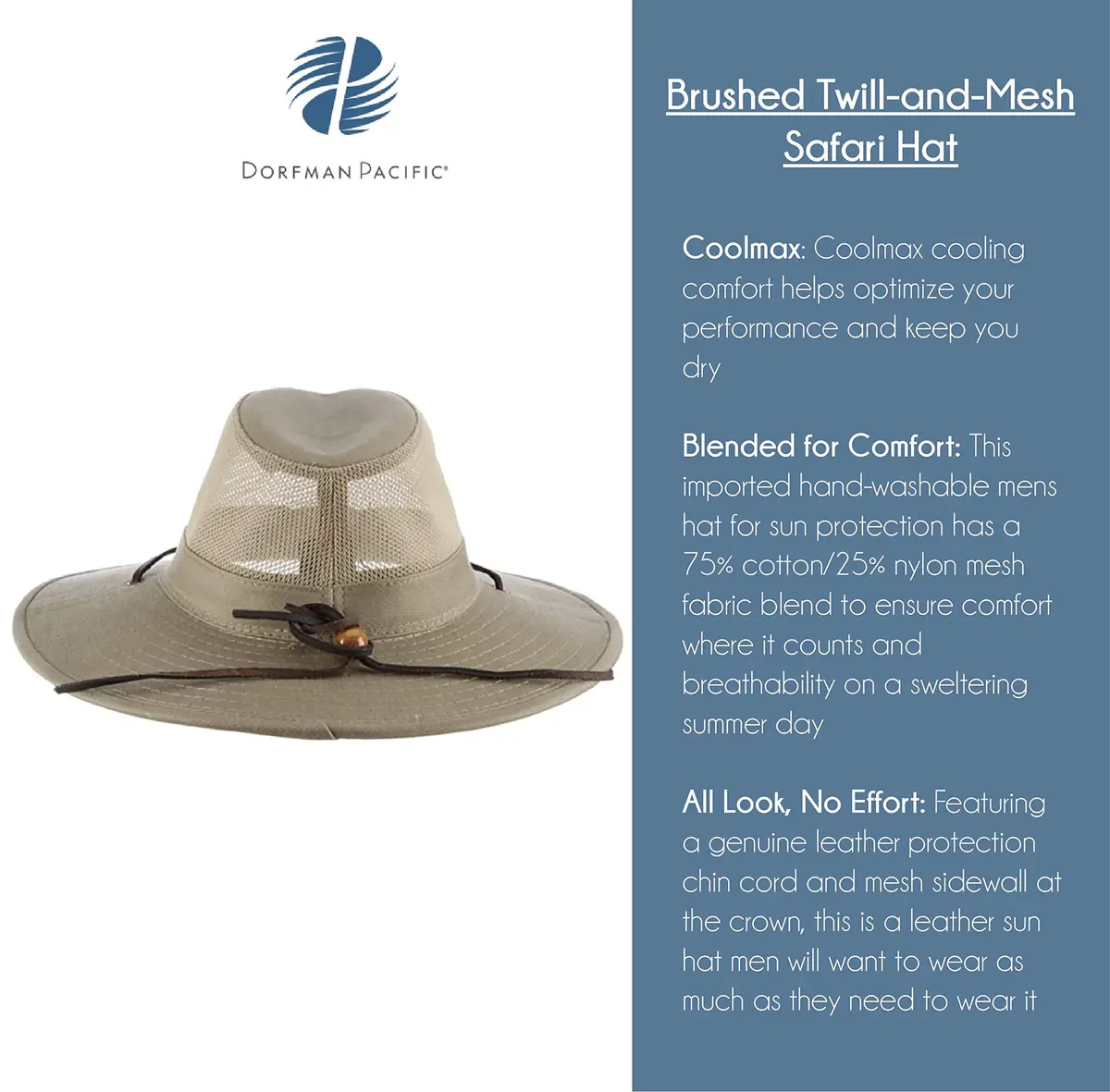 Dorfman Pacific Men's Brushed Twill-and-Mesh Safari Hat with Genuine Leather Trim Khaki | Wide Brim Sun Hat for Men - view 5
