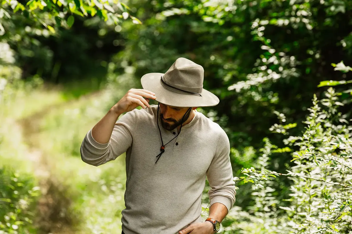 Dorfman Pacific Men's Brushed Twill-and-Mesh Safari Hat with Genuine Leather Trim Khaki | Wide Brim Sun Hat for Men - view 6