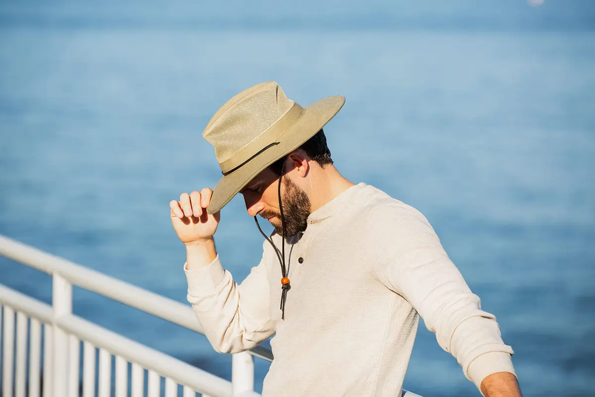 Dorfman Pacific Men's Brushed Twill-and-Mesh Safari Hat with Genuine Leather Trim Khaki | Wide Brim Sun Hat for Men - view 7
