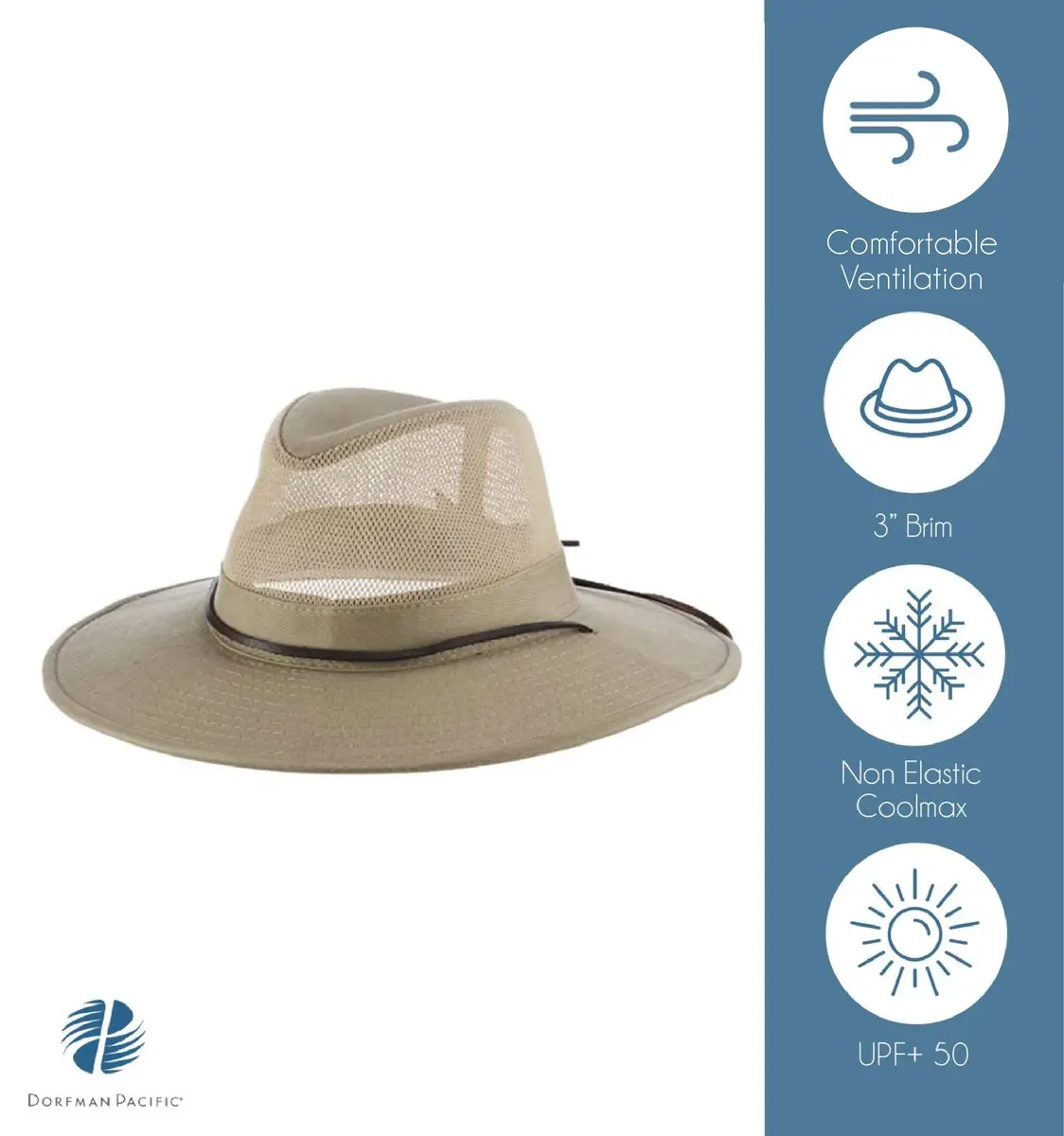 Dorfman Pacific Men's Brushed Twill-and-Mesh Safari Hat with Genuine Leather Trim Khaki | Wide Brim Sun Hat for Men - view 2