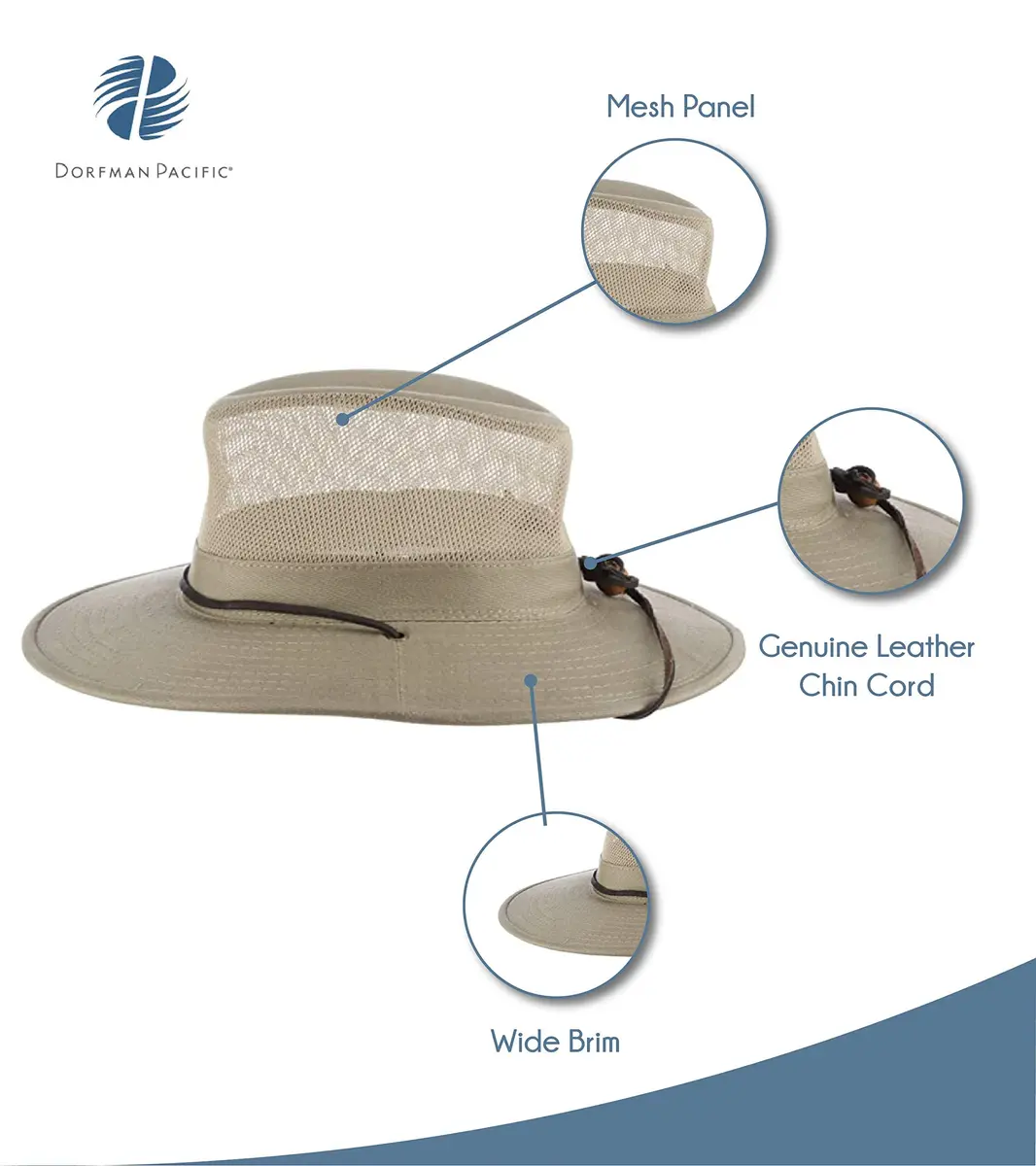 Dorfman Pacific Men's Brushed Twill-and-Mesh Safari Hat with Genuine Leather Trim Khaki | Wide Brim Sun Hat for Men - view 3