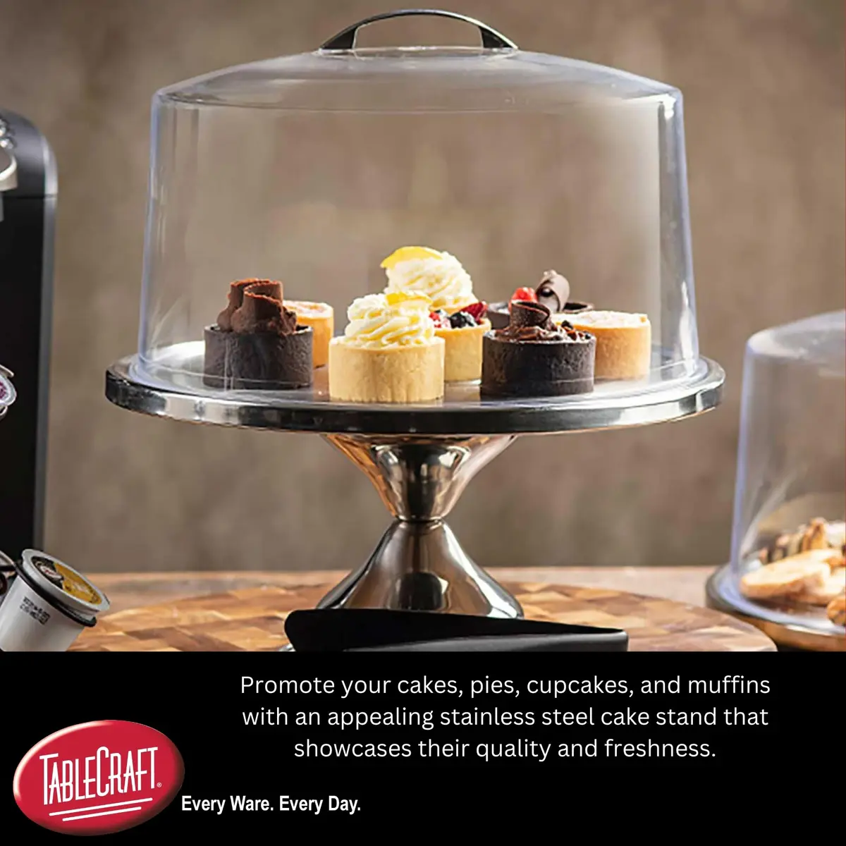 Tablecraft Clear Acrylic Cake Stand with Dome & Stainless Steel Base 33cm (13") | Commercial Grade Serveware for Parties & Bakeries - view 3