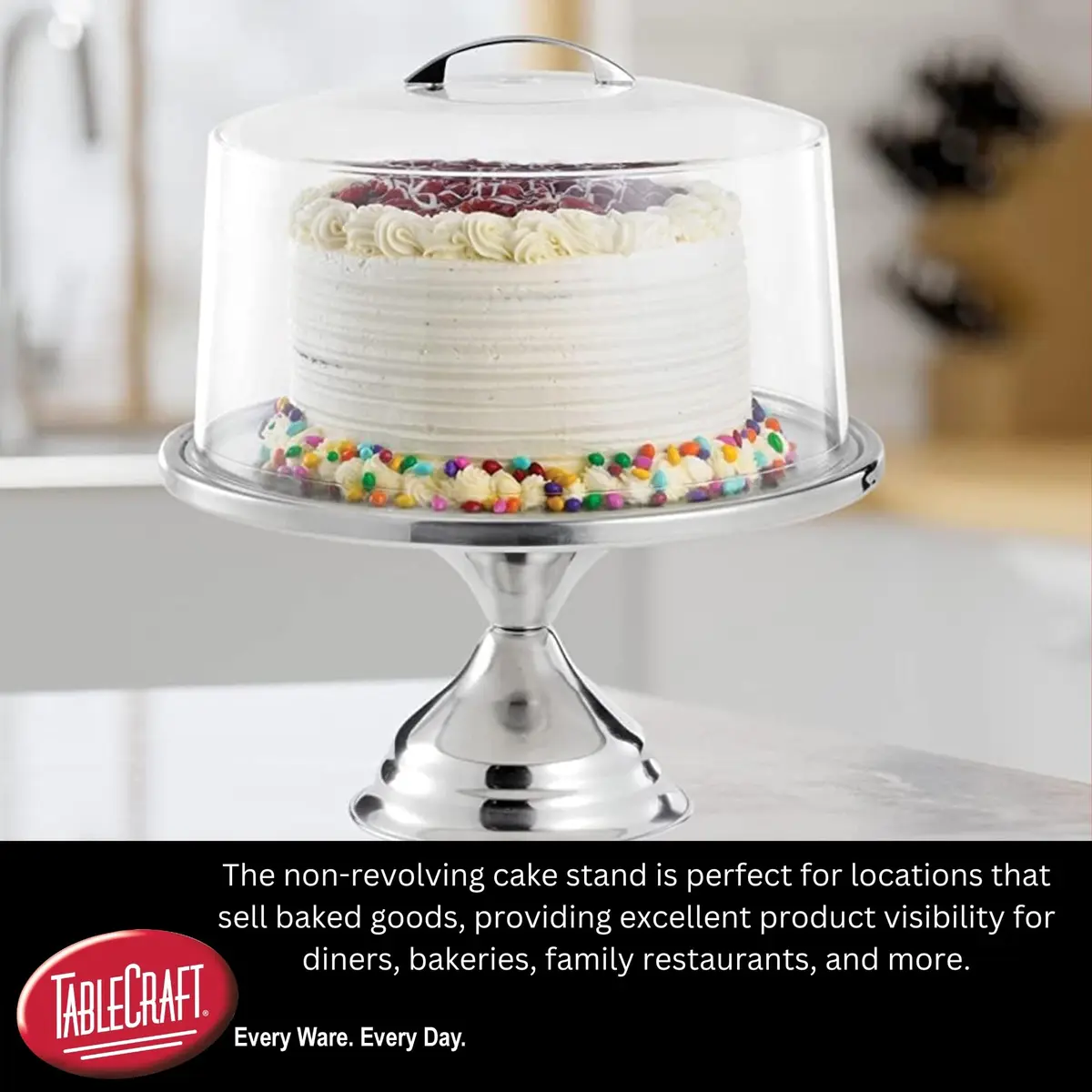 Tablecraft Clear Acrylic Cake Stand with Dome & Stainless Steel Base 33cm (13") | Commercial Grade Serveware for Parties & Bakeries - view 4