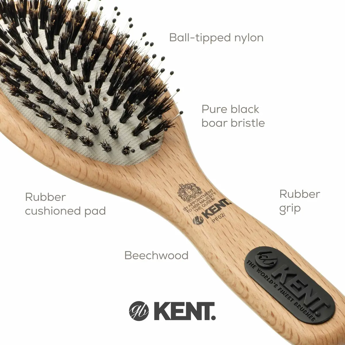 Kent PF02 Small Cushion Detangler Brush – Boar Bristle & Nylon Mix 7" (17.8 cm) | Detangles & Smooths Hair - view 5