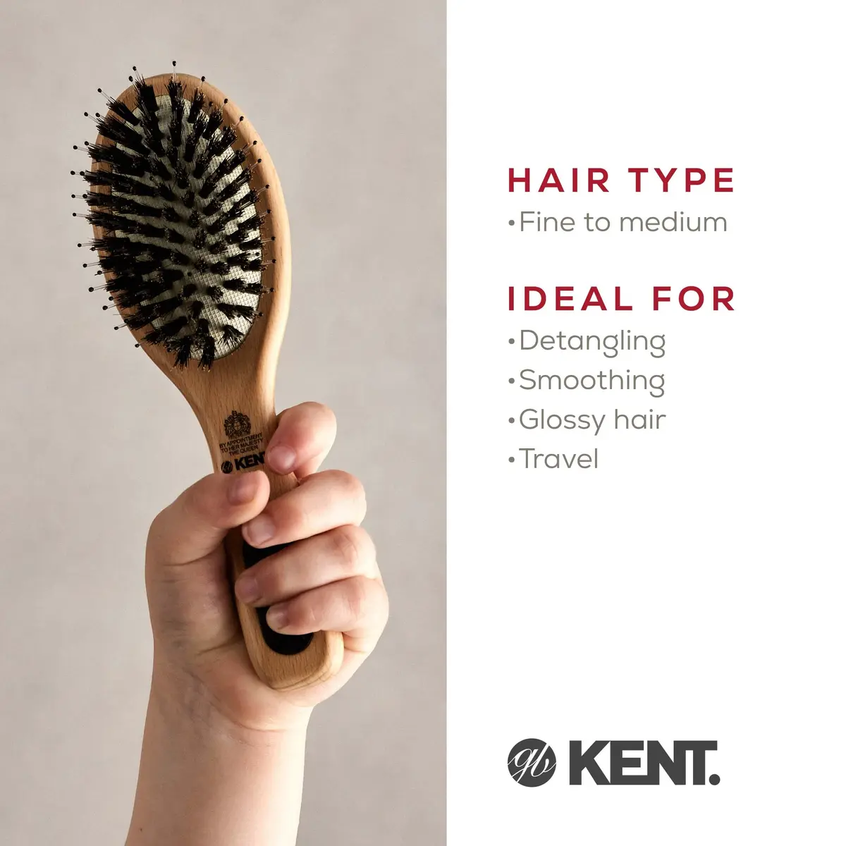 Kent PF02 Small Cushion Detangler Brush – Boar Bristle & Nylon Mix 7" (17.8 cm) | Detangles & Smooths Hair - view 6