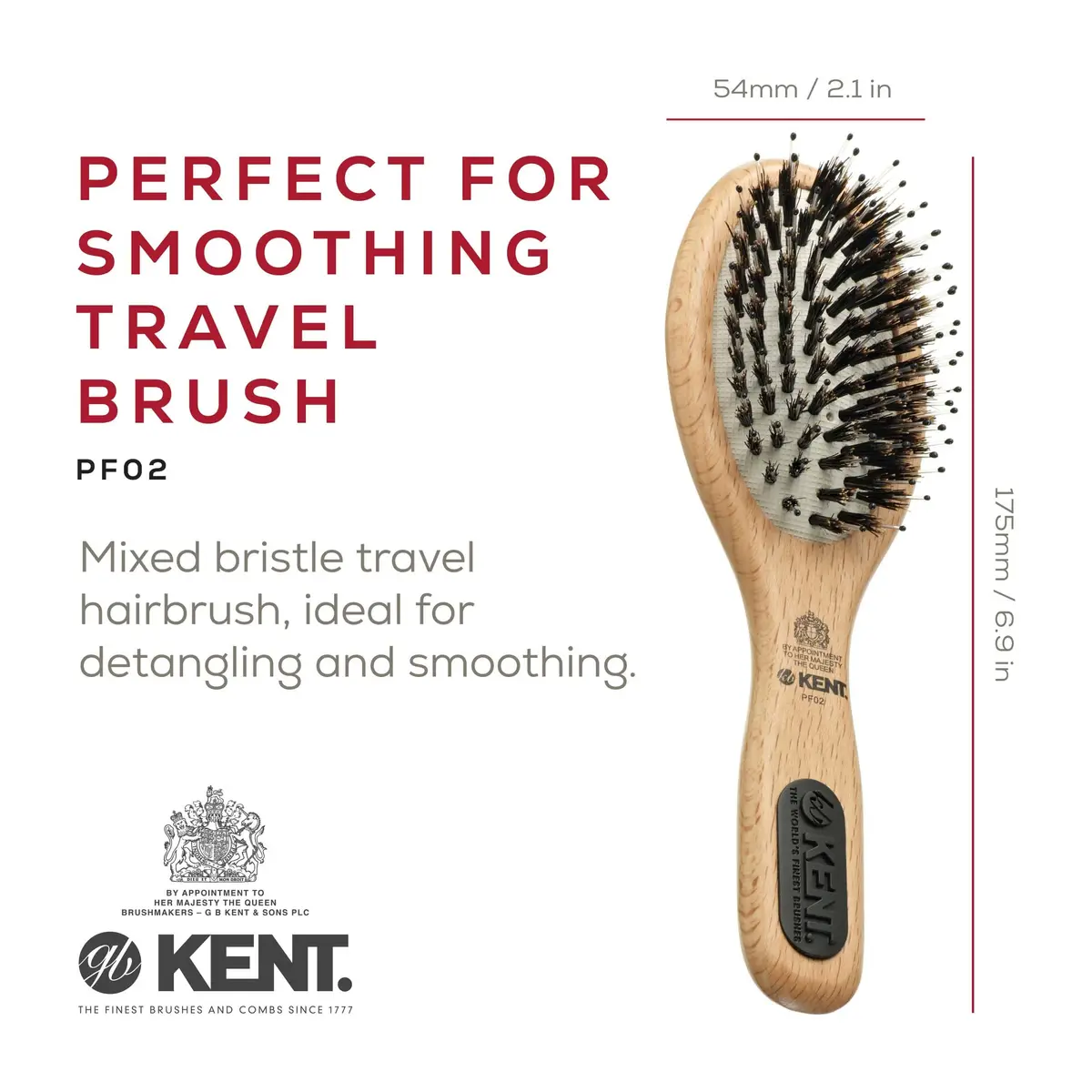 Kent PF02 Small Cushion Detangler Brush – Boar Bristle & Nylon Mix 7" (17.8 cm) | Detangles & Smooths Hair - view 2