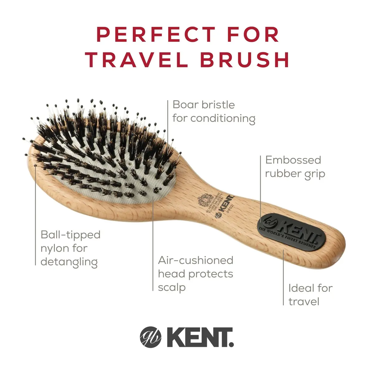 Kent PF02 Small Cushion Detangler Brush – Boar Bristle & Nylon Mix 7" (17.8 cm) | Detangles & Smooths Hair - view 4