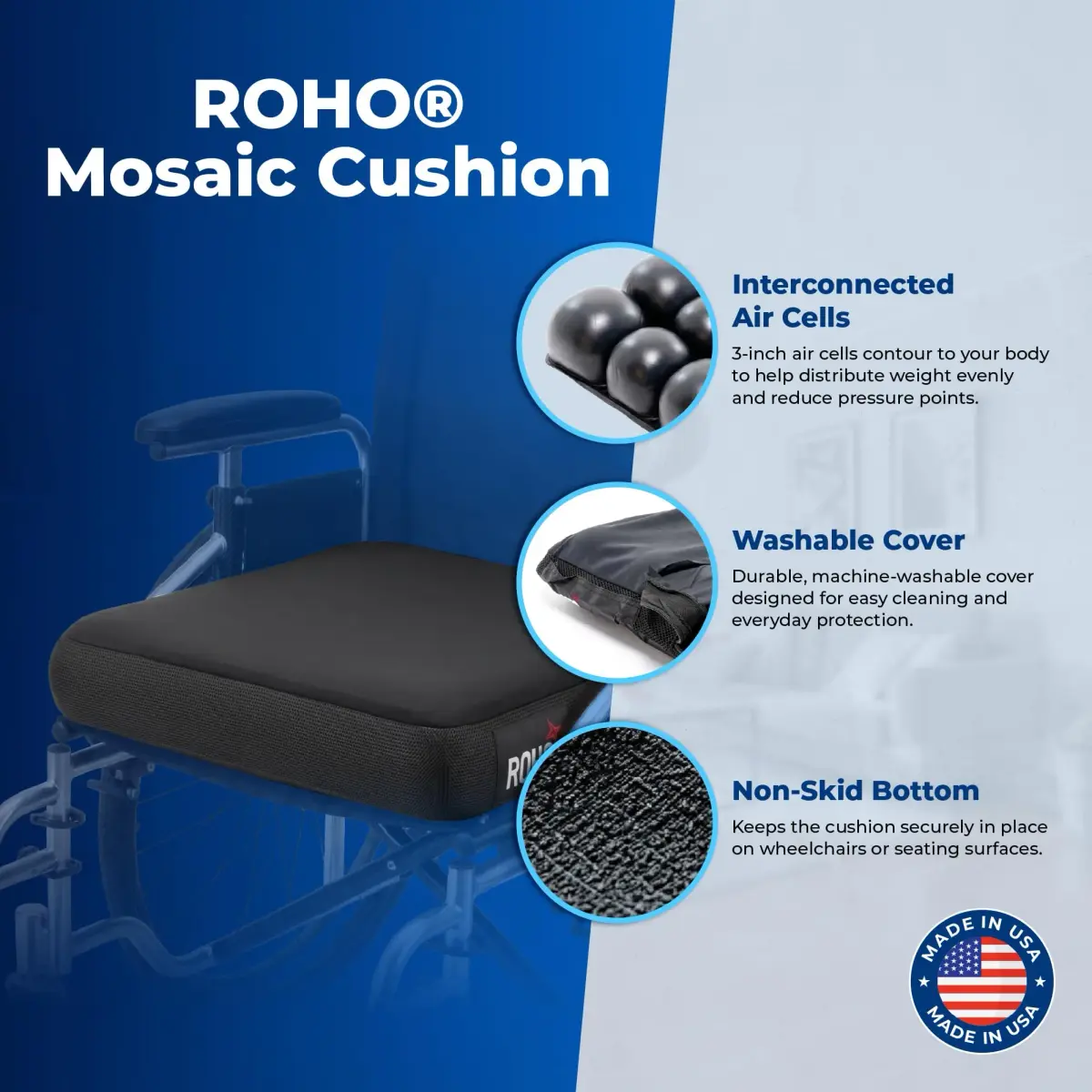 Roho Mosaic 16" x 16" Wheelchair Air Cushion, Standard Cover | 143kg (315lb) Weight Limit - view 2