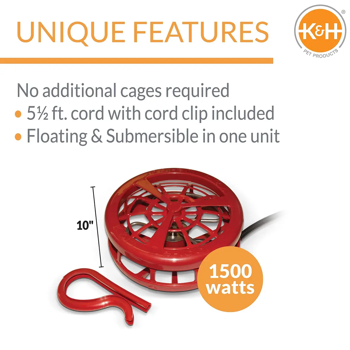 K&H Stock Tank Deicer 1500W | Floating & Submersible Livestock Water Heater, Safety Listed, Red - view 2