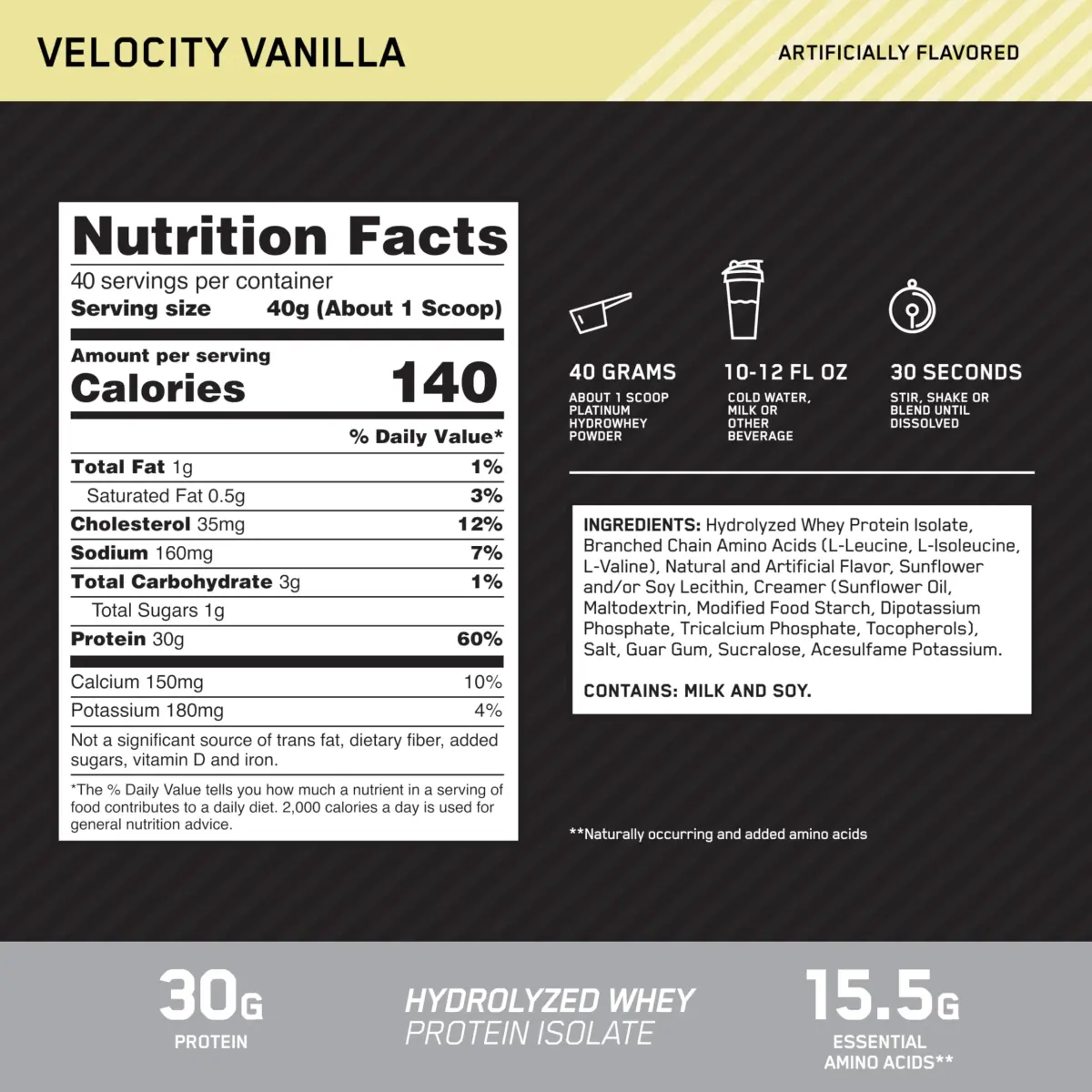 Optimum Nutrition Platinum Hydrowhey Protein Powder, Velocity Vanilla, 1.81 kg (4 LB) | Hydrolyzed Whey Protein Isolate - view 3