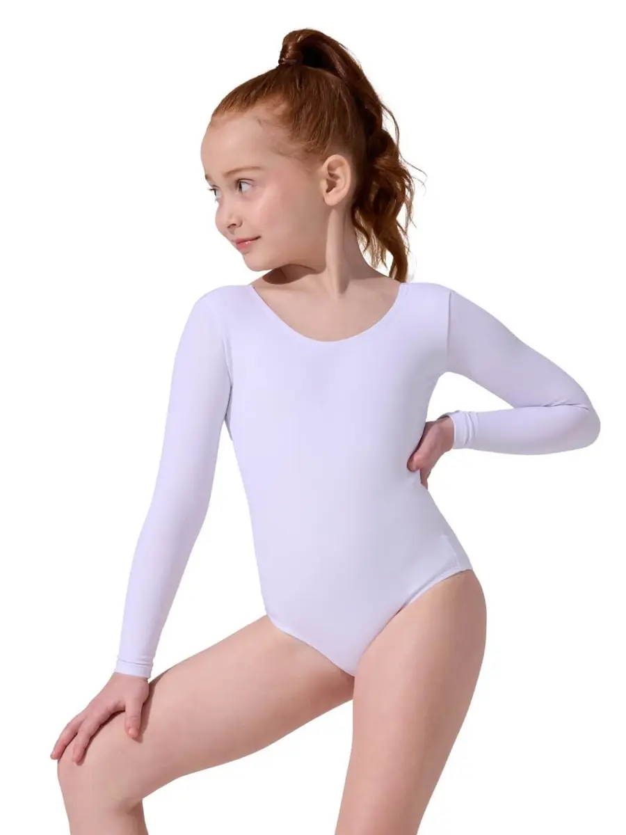 Capezio Little Girls' Team Basics Long Sleeve Leotard, White, 6-8 | Breathable, Fitted for Dance & Cheer - main product image