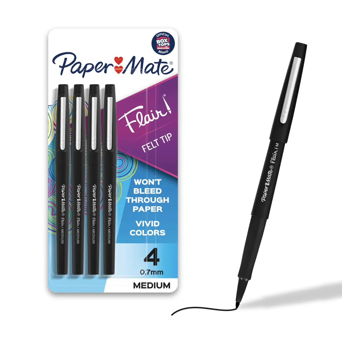 Paper Mate Flair Felt Tip Pens, Medium Point (0.7mm), Black, 4 Count | Smear-Resistant, Expressive Lines - main product image