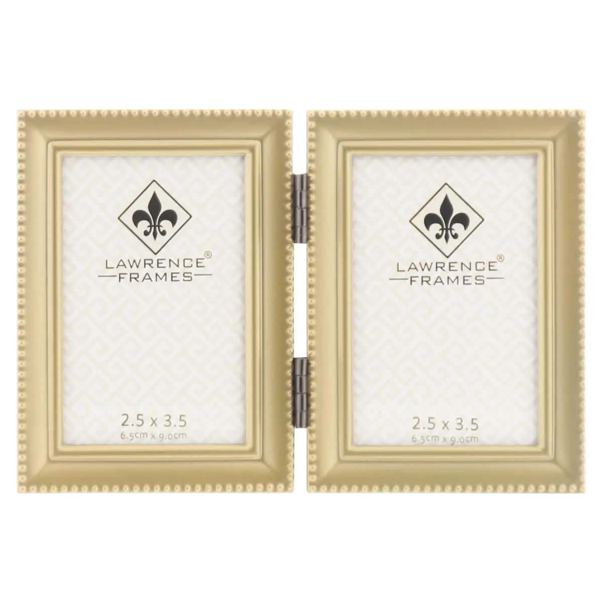 Lawrence Brushed Brass Hinged Double 2.5x3.5 Picture Frame Beaded Edge Design | Heavy Gauge Steel, Velvet Backing - main product image