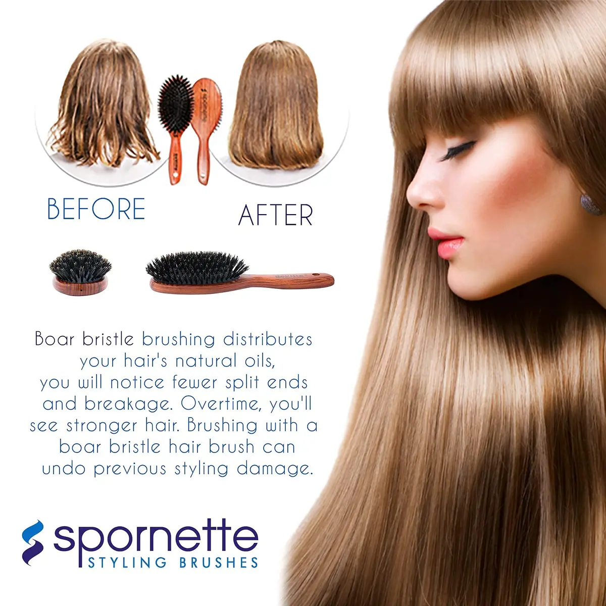 SPORNETTE Deville Boar Bristle Wooden Paddle Hair Brush for Women - Cushion Oval Hair Straightening Brush for Blow Drying, Detangling, Smoothing & Styling - view 7