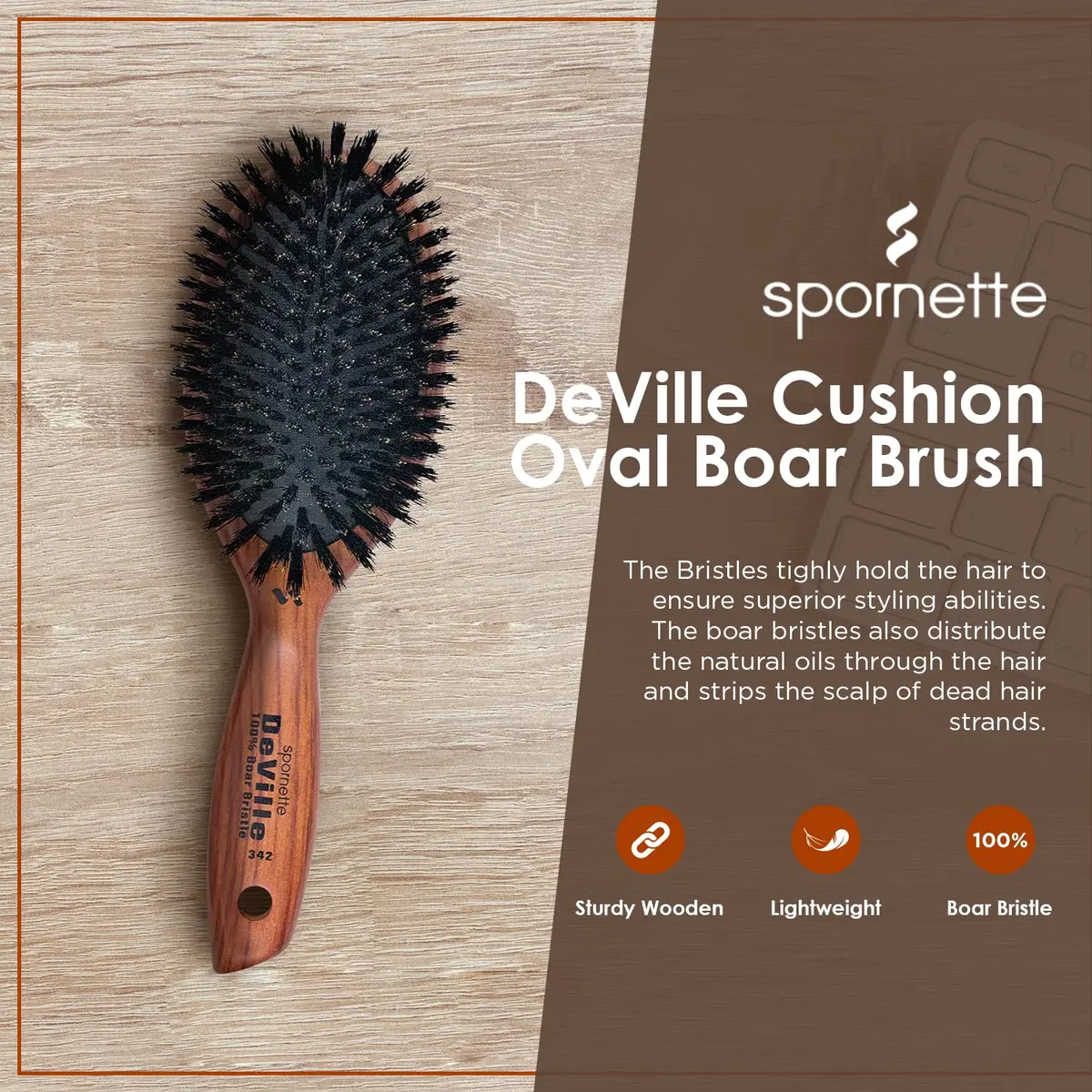 SPORNETTE Deville Boar Bristle Wooden Paddle Hair Brush for Women - Cushion Oval Hair Straightening Brush for Blow Drying, Detangling, Smoothing & Styling - view 2