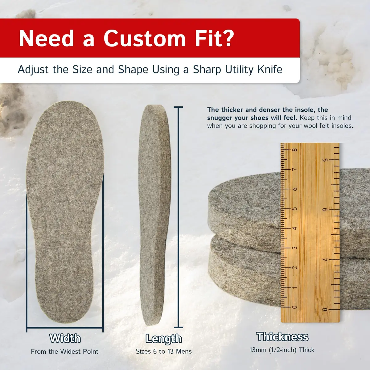 The Felt Store Wool Felt Insoles for Men and Women | 13mm Thick Shoe Inserts for Cold Weather (70-120 chars) - view 6
