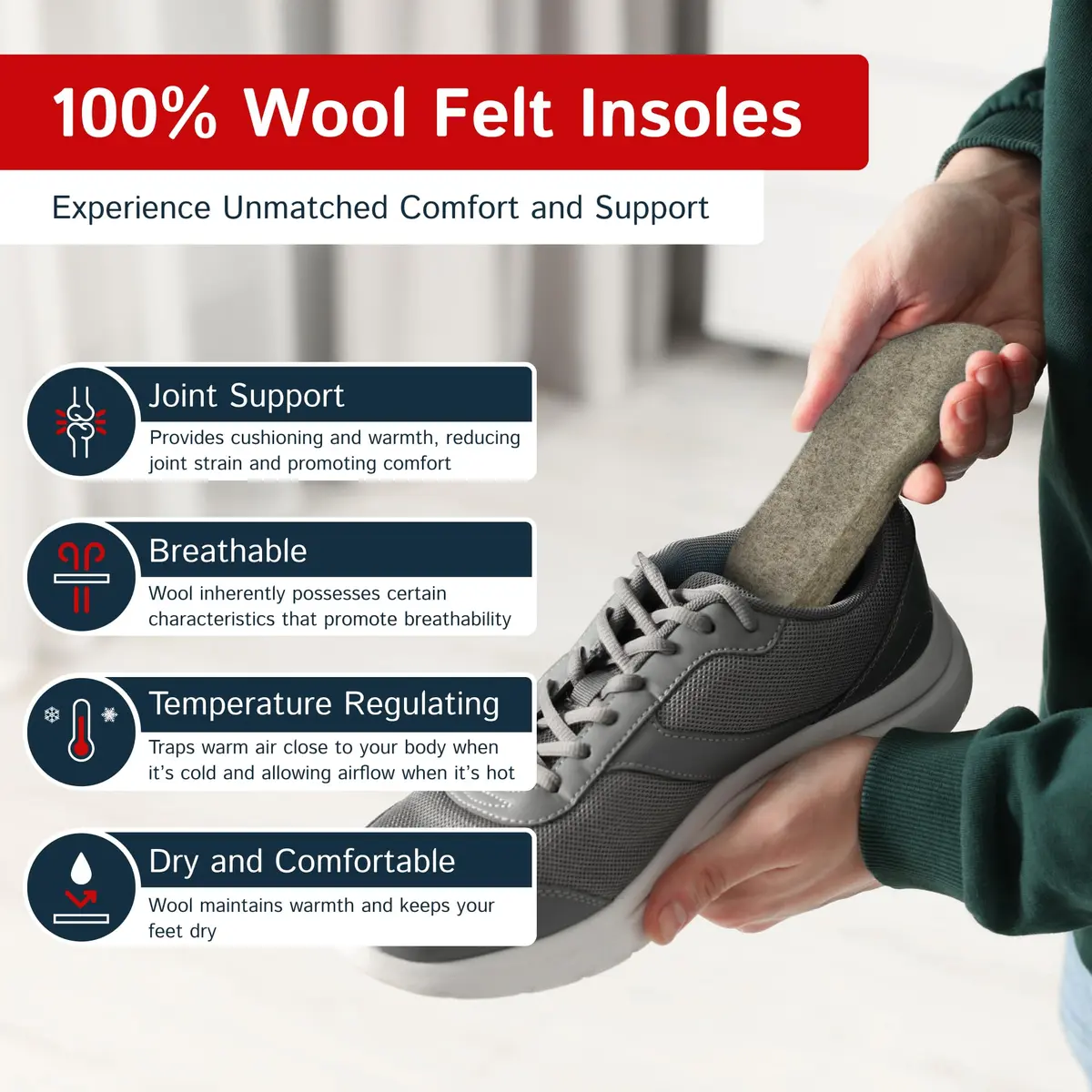 The Felt Store Wool Felt Insoles for Men and Women | 13mm Thick Shoe Inserts for Cold Weather (70-120 chars) - view 3