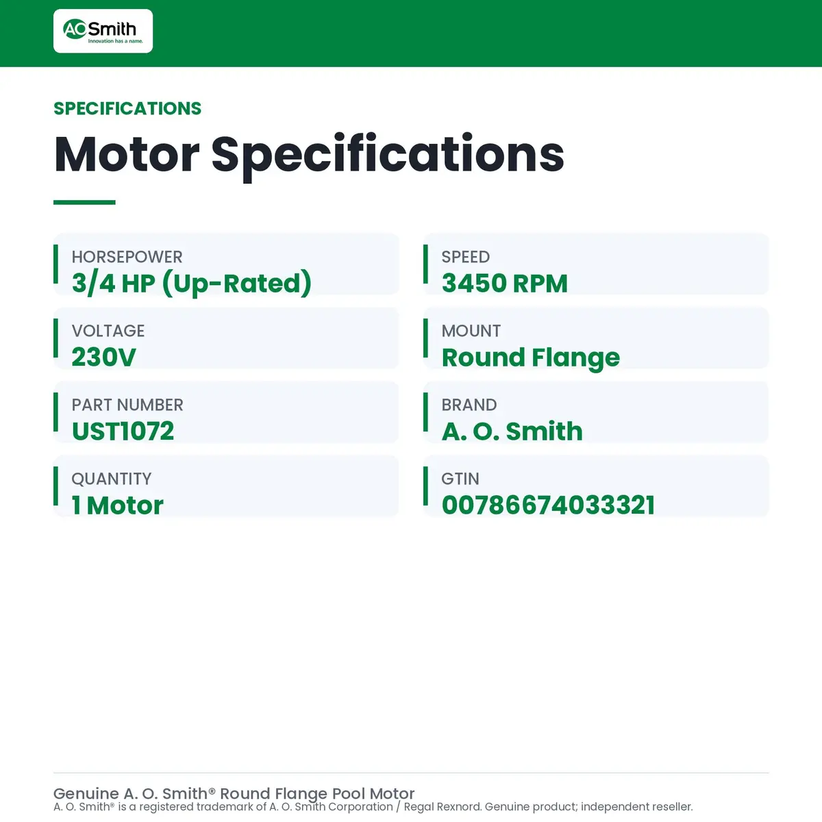 A. O. Smith 3/4-Horsepower Up-Rated Round Flange Replacement Motor | Corrosion-Resistant, Easy Wiring - view 2