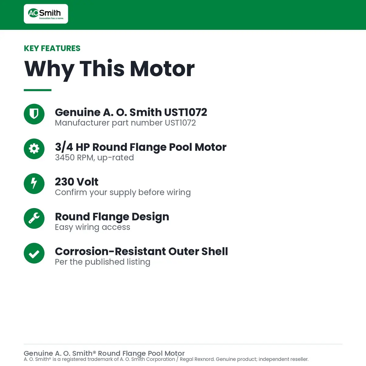 A. O. Smith 3/4-Horsepower Up-Rated Round Flange Replacement Motor | Corrosion-Resistant, Easy Wiring - view 3