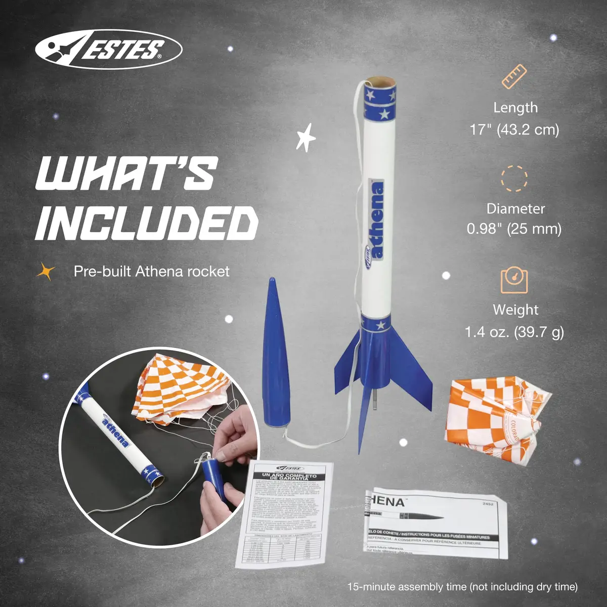 Estes Athena Rocket-Building Kit for Ages 10+ | Ready-to-Fly Model Rocket with Parachute (17 in / 43 cm, Blue) - view 3