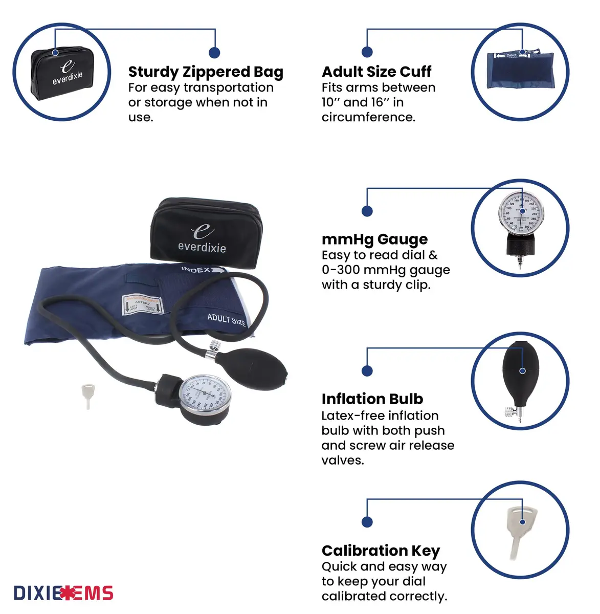Dixie EMS Deluxe Aneroid Sphygmomanometer Blood Pressure Set with Adult Cuff, Carrying Case & Calibration Tool - Navy | 25.4cm-40.6cm (10"-16") - view 2