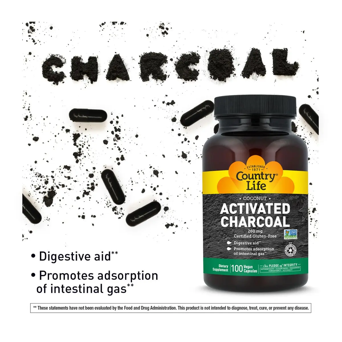 Country Life Coconut Activated Charcoal 260 mg | Vegan Digestive Support for Adults - view 3