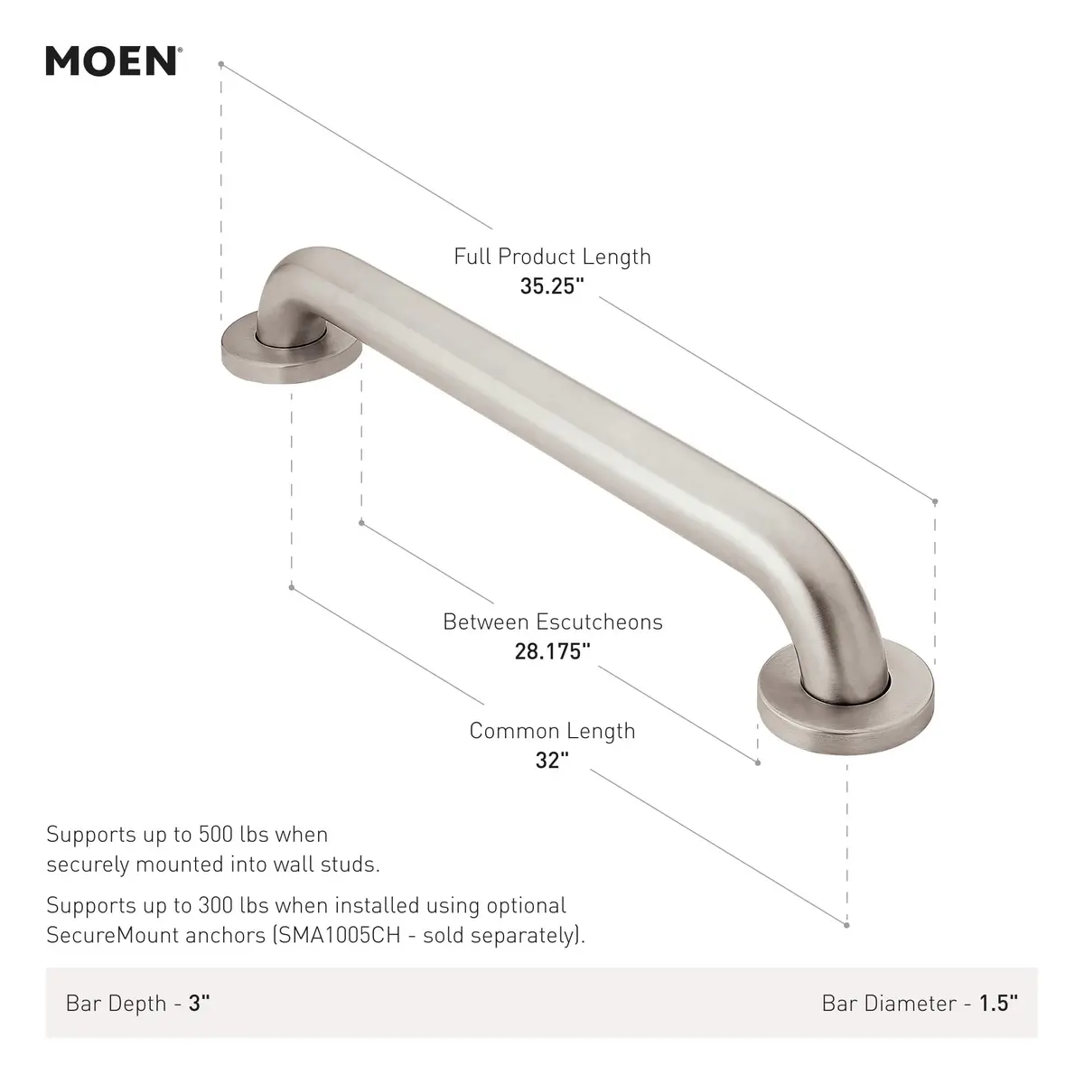 Geweo 32-Inch Stainless Steel Bathroom Safety Grab Bar | Supports up to 500 lbs, ADA Compliant, Durable - view 2
