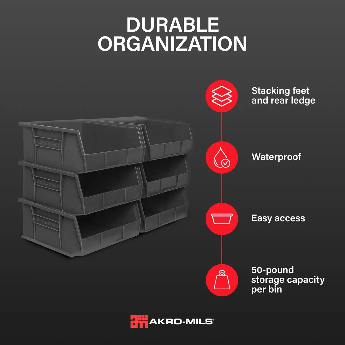 Akro-Mils AkroBins Plastic Storage Bins 11"x11"x5" Black 6-Pack | Heavy Duty Industrial Organizer - view 3