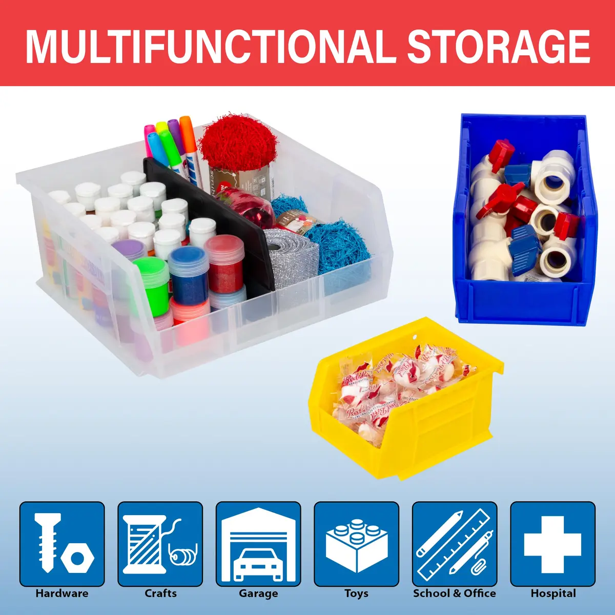 Akro-Mils AkroBins Plastic Storage Bins 11"x11"x5" Red 6-Pack | Heavy Duty Stackable Organizer for Garage, Pantry, Crafts - view 3